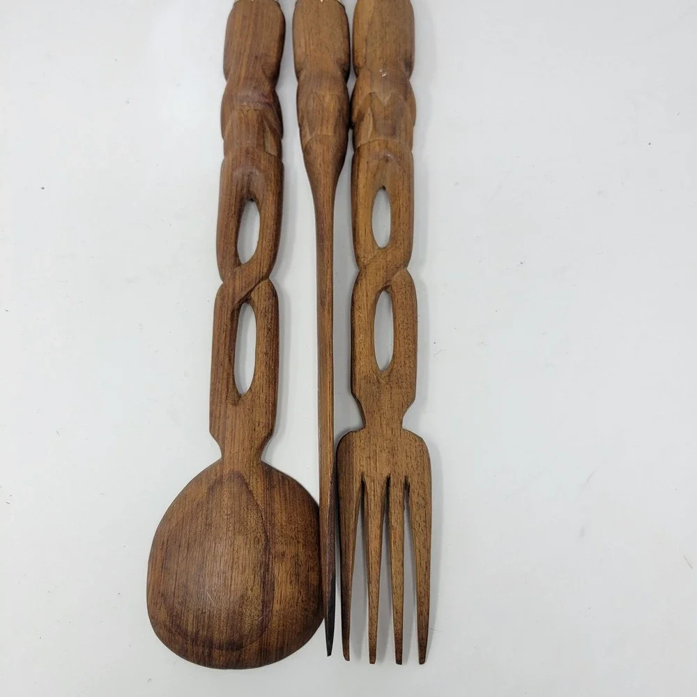 Hand‎ Carved Wood Tribal Figural Spoon Fork Server Set Rustic Decor 15